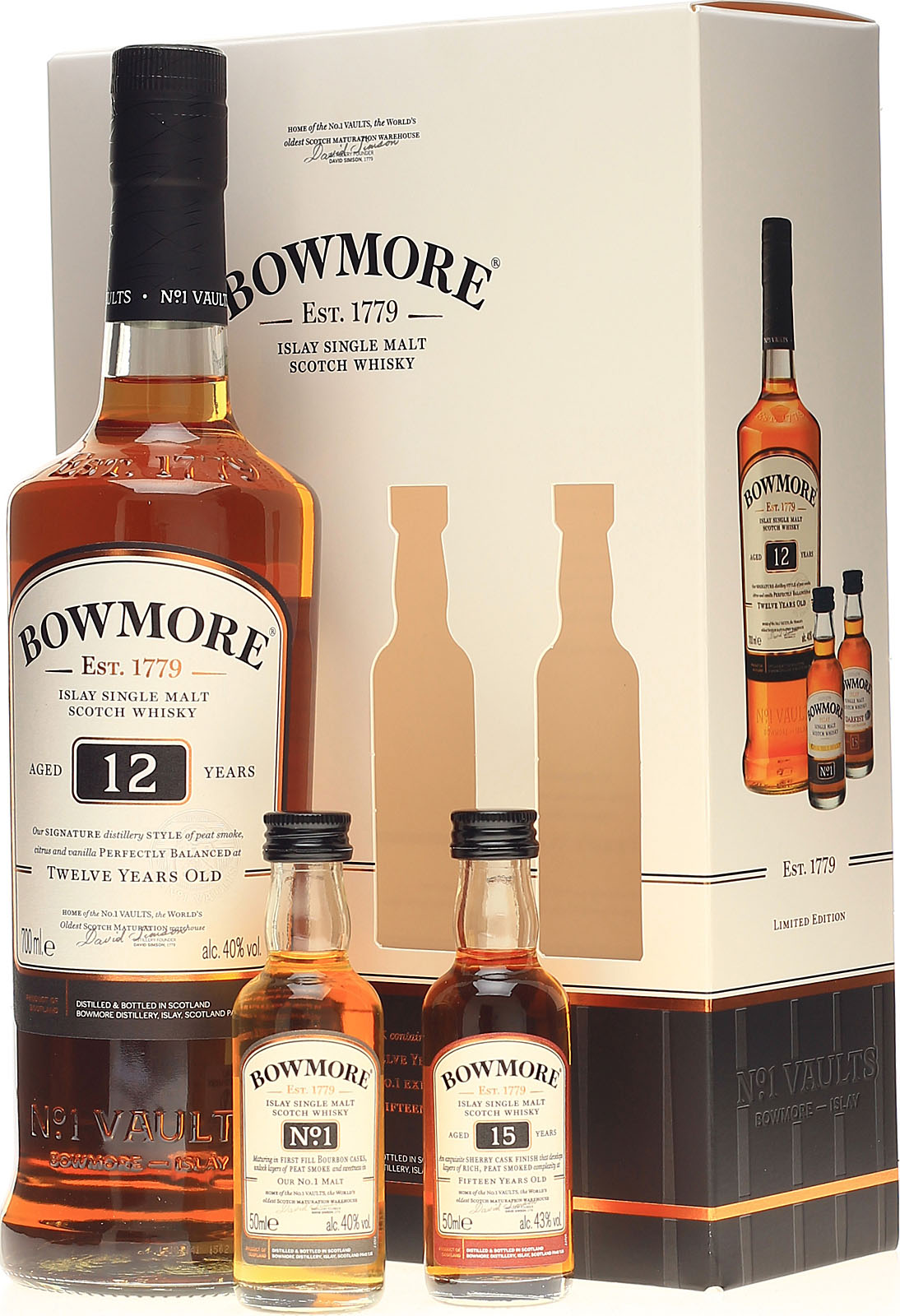 Bowmore 12 Jahre im Set mit Bowmore 15 und No.1 Vaults