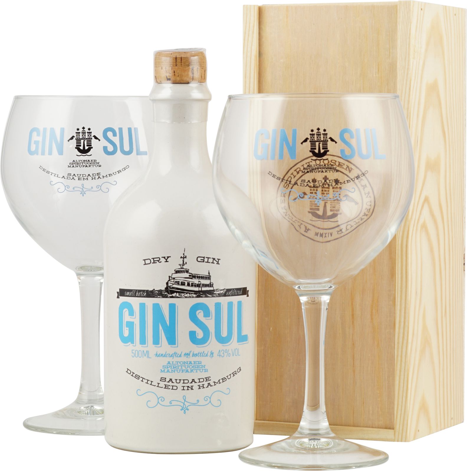 Gin mit stab zwei und Gläsern Sul Sul Geschenkpaket Gin